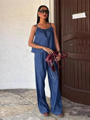 LIZAKOSHT - Women's Two Pieces Set Denim Pant Sets Sleeveless Tanks Tops Sets Women's Suits High Waist Wide Leg Trousers Outfit Streetwear
