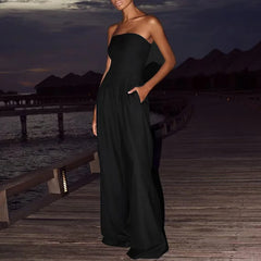 LIZAKOSHT - Temperament High Waist Commute Rompers High Street Fashion Slim Wide Leg Playsuits Elegant Lady Sleeveless Solid Color Jumpsuits