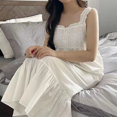 LIZAKOSHT - White Korean Autumn Nightgown Women Sleeveless Square Collar Long Sleepwear Lace Crochet French Night Dress Elegant Sweet