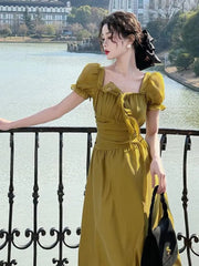 LIZAKOSHT - Summer Green Square Collar France Style Party Dress Women Puff Sleeve High Waist Holiday Beach Dress Ruffle vintage Dress