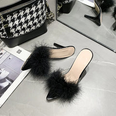 LIZAKOSHT - 41-43 big size fur sandals high heels transparent slippers women brand designer feather sandalias mujer pointy open toe slides