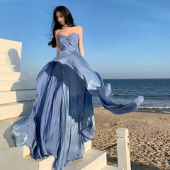 LIZAKOSHT - Blue Strapless Dresses for Women New French Elegant Slim Evening Party Long Dress Irregular Bottom Beach Wear Outifits