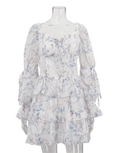 LIZAKOSHT - Ruffled Printed Lace-Up Mini Dress Female Square Collar Patchwork Elegant Contrast Party Dress Clothes Women Bodycon Dress