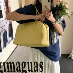 LIZAKOSHT - Korean Cute Lychee Pattern Yellow Handbag Women Leather Minimalist Large Capacity Shoulder Bags Ladies Fashion Casual Boston Bag
