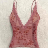 LIZAKOSHT - Perspective Sexy Mesh V-Neck Suspender Top Flower Spice Sleeveless Slim Fit Lace Dew Bottom Outer Vest