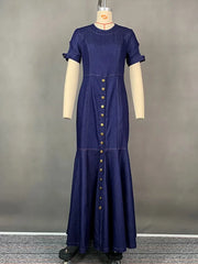 LIZAKOSHT - Korean Fashion Denim Blue Bodycon Long Dresses Women Summer Short Sleeves Buttoned O-Neck Casual Commute Office Dress