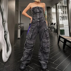 LIZAKOSHT - New Fashion Street Style Strapless Waist Body Spice Girls Multi-Pocket Denim Cordless Pants rompers womens jumpsuit