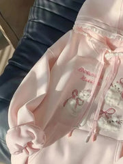 LIZAKOSHT - Cute Cartoon Bow Hoodies Women Loose Sweet Lace Patchwork Kawaii Sweatshirts Preppy Style Spring Long Sleeve Pink Tops New