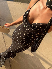 LIZAKOSHT - Halter Scarf Polka Dot Dress Pile Collar Slim Fit Suspender Lady Robes Beach Wrap Hip Fishtail Women's Camisole Long Dresses