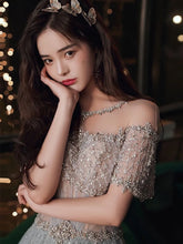 LIZAKOSHT - Elegant Gary Evening Dresses Strapless Scoop Neck Dubai Arabic Sparkling Applique Beaded A-Line Formal Party Prom Dresses