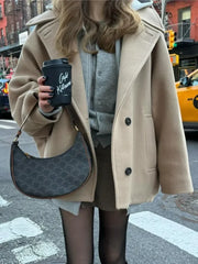 LIZAKOSHT  -  Bat-Sleeve Woolen Coat Black Lapel Single Breasted Casual Loose Thicken Wool Short Overcoat French Winter Women's Outwear Top