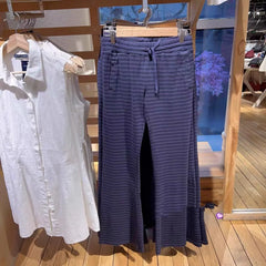 LIZAKOSHT - Women Navy Striped Sport Wide Leg Pants Autumn New High Waist Drawstring Trousers American Vintage Streetwear Sweatpants