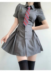 LIZAKOSHT - Women Dress Sweet Original JK Uniform Mini Dresses Gray Slim Preppy Pleated Short Skirts Summer Female Trendy Clothes