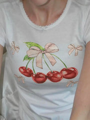 LIZAKOSHT - Y2k Aesthetic Vintage Summer Cherry Print Tees Slim Streetwear Lace Bow Tshirts Women Harajuku Grunge Bottoming Sweet Crop Tops