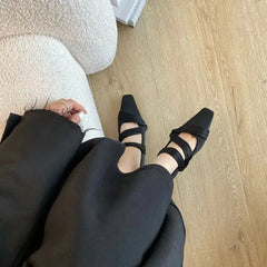 LIZAKOSHT - Shoes for Woman with Straps Red Women's Summer Footwear Evening Flats Square Toe Low Heel Elegant Flat Y2k Korean Style A E