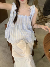 LIZAKOSHT - Women's Off-sholuder Sleeveless Straps Lace-up Loose Striped Camisole Summer Seaside Resort Style Suspender Tops Female Clothing