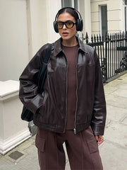 LIZAKOSHT  -  Textured Leather Jacket Coat Vintage Matte Zipper Short Outwear Top Lapel  Cool Fashion Commuter Loose Slimming Biker Jackets