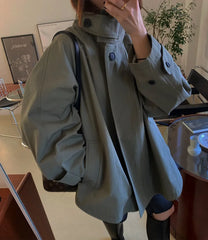 LIZAKOSHT  -  Korean Chic Vintage Stand Collar Zipper Coat Women Y2k Loose Long Sleeve Tops Mujer 2025 Early Autumn New Casual Jackets