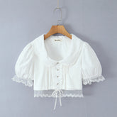 LIZAKOSHT - Stylish White Spliced Lace Short Puff Sleeve Shirt Women Peter Pan Collar Bow Hem Loose Crop Tops