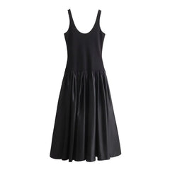 LIZAKOSHT - Ins Blogger Retro Knitted PU Leather Patchwork Dress Fashion Elegant Party Tank Dress Women