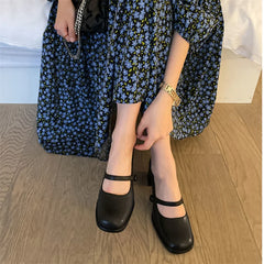 LIZAKOSHT - Ladies Summer Footwear Pumps Gothic Shoes for Women Mary Jane on Heeled Black Square Heels Japanese Style Lolita High Toe E