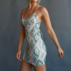 LIZAKOSHT - Chic Geometry Printed Sequins Mini Dress Summer Suspender Sleeveless Bodycon Dress Mid Night Party Slim Glitter Short Dress Lady