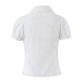 LIZAKOSHT - CHIC White Embroidery Flower Hole Lapel V Collar Short Puff Sleeve Shirt Women Bow Lacing Up Front Side Zipper Blouse Crop Tops