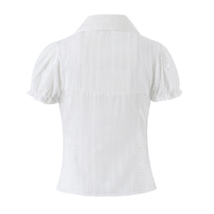LIZAKOSHT - CHIC White Embroidery Flower Hole Lapel V Collar Short Puff Sleeve Shirt Women Bow Lacing Up Front Side Zipper Blouse Crop Tops