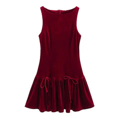 LIZAKOSHT - Women Christmas Red A-line Mini Dress Winter New Women Fashion Simple Sleeveless Slim Velvet Bow Short Dress Vestidos
