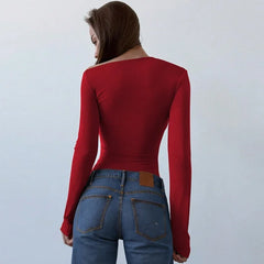 LIZAKOSHT - Oblique Shoulder Long Sleeve Tops For Women Metal Buckle Slim Fit Sexy Solid Color Bodycon Fashion BasicTop Streetwear