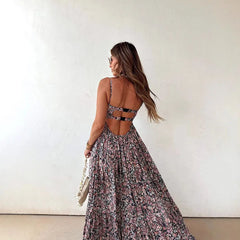 LIZAKOSHT - Women Elegant Floral Print Sling Dress Sexy Off Shoulder Backless Long Pleated Party Dress Fashion Hight Waist Swing Bohe Dress