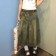 LIZAKOSHT - Women 2000s Harajuku Fashion Jean Midi Skirt Denim Pleated A-line Skirts Dark Academia Y2k Preppy Japanese Grunge Gyaru New