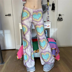 LIZAKOSHT - y2k Pants Women Heart/Butterfly Print Wide Leg Trousers Summer Flared Trouser Low Waist Harajuku Kawaii Streetwear