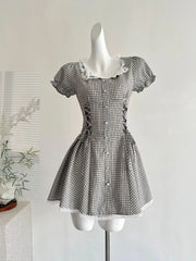 LIZAKOSHT - French Retro Plaid Shirt Dress Women Summer Waist Slim Fit Dress with Lace Doll Collar Puff Sleeves Ruffle Hem Vintage Sweet New
