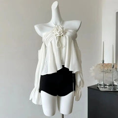 LIZAKOSHT - Long Sleeves High Quality Chiffon Blouses Floral Sweet Women Crop Top One-Piece Collar Kawaii Korean Shirt Puff Sleeve Top