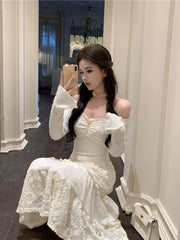 LIZAKOSHT - Spring Elegant Knitted Dress Women Lace Patchwork Koeran Princess Midi Dress Female Casual Sweet Even Party Fairy Dress