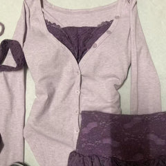 LIZAKOSHT - Lolita Sweet Skirt Set Women Purple Patchwork Long Sleeve Cardigan Layered High Waisted Pretty Style Mini Lace Skirt