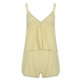 LIZAKOSHT - Lace Patchwork Solid Backless Two-piece Set Sleeveless Halter Vacation Sexy Sweet Suit Deep V-neck Summer Twinset