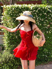 Lizakosht Fashion Dresses for Women Sleeveless Party Streetwear Dress Sweet Mini Ruffles Spaghetti Strap New Spring Summer Dress