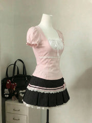 LIZAKOSHT - Y2k Harajuku Vintage Sweet Slim 2 Piece Skirt Sets Kawaii Short Sleeve Tops + Bow Patchwork Cake Mini Skirts 2000s Lolita Suits
