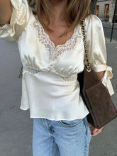 LIZAKOSHT - Satin Women's Top Lace Trim Puff Short Sleeve Square Neck Blouse Female Tie Cuff Casual Spring Fashion Chic Short Tops Ladies