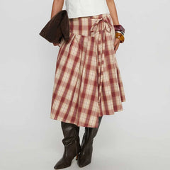 LIZAKOSHT - Women Vintage Plaid Midi Skirt Stylish Irregular Hem Bow Tie Pleated Skirts Preppy Cute Y2k Gingham A Line Skirt
