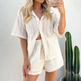 LIZAKOSHT - Women Summer Transparent Knitted Short Sleeve Shirts&Drawstring Shorts Set Casual Loose Beach Outfits Fashion Solid Color Set