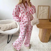 LIZAKOSHT - Womens Pajama Sets Cute Heart Print Long Sleeve Button Down Shirt With Long Pants 2 Piece Holiday Loungewear