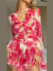 LIZAKOSHT - Sexy Tie-dye Print Ruffles Short Dress Women V-neck Flare Full Sleeve A-line High Waist Dresses 2025 Summer Vacation Beach Robes