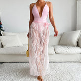 LIZAKOSHT - Women Deep V Neck Backless Bandage Cross One Piece Swimsuit Lady Beach Swim Sexy Lace Transparent Skirts & Bodysuit Bikini Set