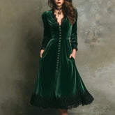 LIZAKOSHT - Elegant Women Velvet Dress Lace Splicing Sexy V Neck Long Sleeve Single Breasted High Waist Pocket A-Line Evening Party Dress