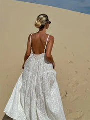 LIZAKOSHT  -  Women Solid Flower Embroidery Sling Maxi Dress Fashion Sleeveless Backless Dresses 2024 Summer Lady Beach Vacation Robes