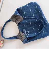 LIZAKOSHT - New Korean Style Heart-shaped Pattern Bow Jacquard Denim Bag Large Capacity Handbag Fashion Girls Small Handbags