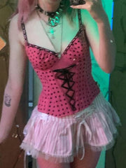LIZAKOSHT - Fashionable Pink and Black Seductive Niche Polka Dot Strap Strap Top+sexy Sweet Striped Pleated Skirt